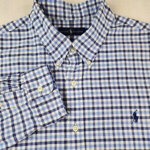 Ralph Lauren Shirt Mens XXL Plaid Blue White Button Down Blue Pony Long Sleeve